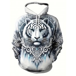Men'S 3D Ice And Snow World Hoodie Featuring a White Tiger Design - a Long-Sleeve Casual Pullover with Drawstring Pockets, Adorned with Nature-Inspired Decorations And High-Quality Detailed Prints, Made from Machine-Washable Fabric, Plus Size